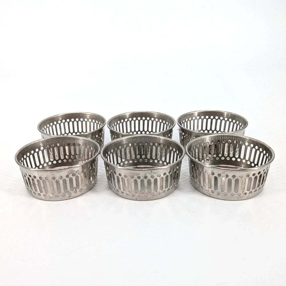 Vintage Silver Tone Metal Pierced Glass Holders Coasters Nuts Set of 6 3 Inch
